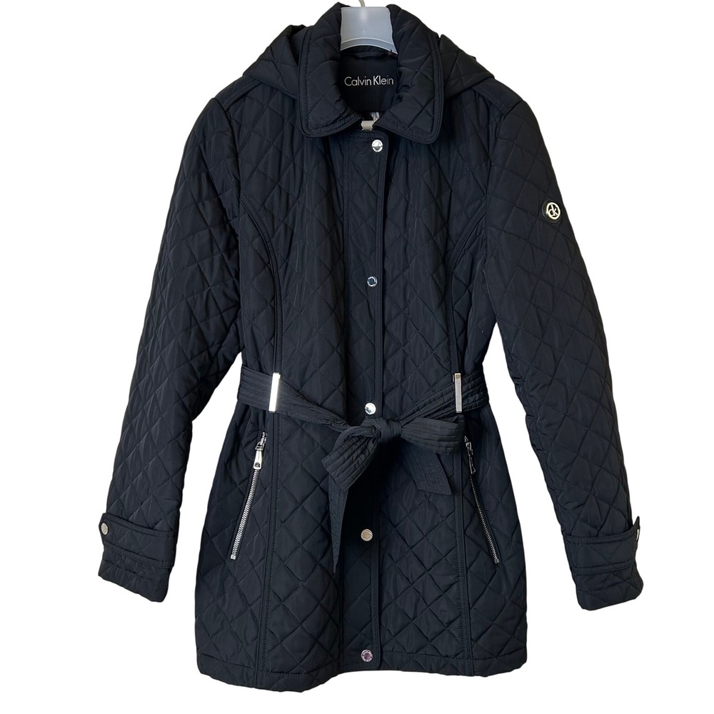 Calvin Klein Quiet Luxury Black Quilted Belted Hooded Jacket Womens City Chic L